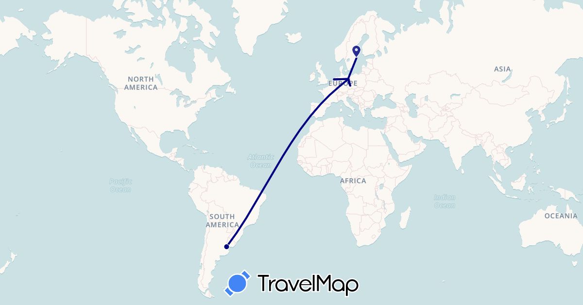 TravelMap itinerary: driving in Argentina, Czech Republic, Germany, Netherlands, Sweden (Europe, South America)